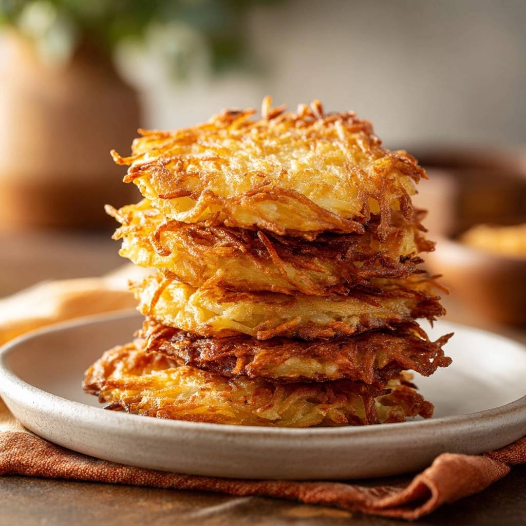 Knusprige Kartoffelpuffer, in einem hohen Stapel auf einem Teller serviert, mit goldbraunen, knusprigen Rändern und appetitlicher Textur.