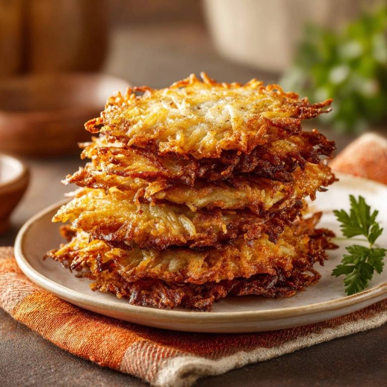 Knusprige Kartoffelpuffer, gestapelt und serviert auf einem Teller, zeigen die goldbraune, frittierte Oberfläche und die appetitliche Textur.