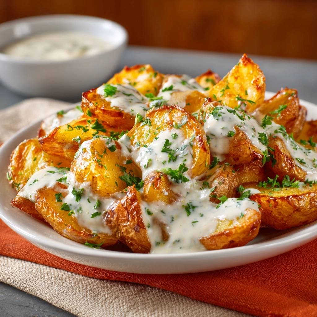 Knusprige Kartoffelwedges mit Kräuter-Sour-Cream serviert auf einem weißen Teller, garniert mit frischer Petersilie und cremiger Sauce.