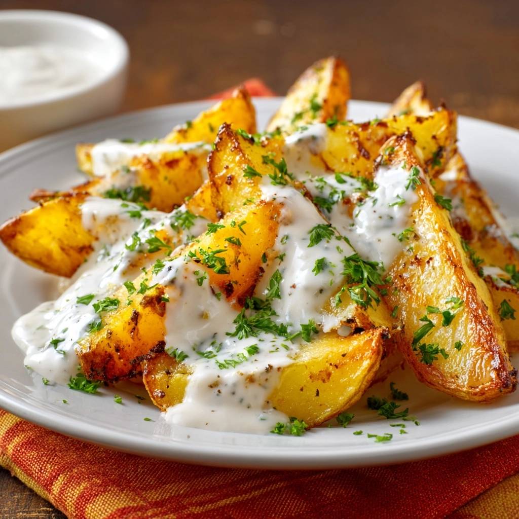 Knusprige Kartoffelwedges mit Kräuter-Sour-Cream serviert auf einem Teller. Die goldbraunen Kartoffelecken sind mit cremiger Sour-Cream und frischen Kräutern garniert.