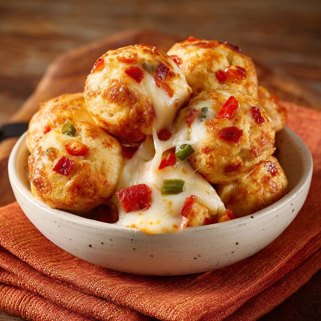 Knusprige Käse-Paprika-Bomben in einer Nahaufnahme, mit geschmolzenem Käse, der sich zwischen den kleinen Brot-Bällchen zieht. Die Käse-Bomben sind mit Paprika gefüllt.