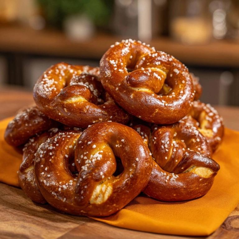 Knusprige Laugenbrezeln, gestapelt auf einem gelben Tuch, mit grobem Salz bestreut und goldbraun gebacken. Ein köstlicher Snack für zwischendurch.