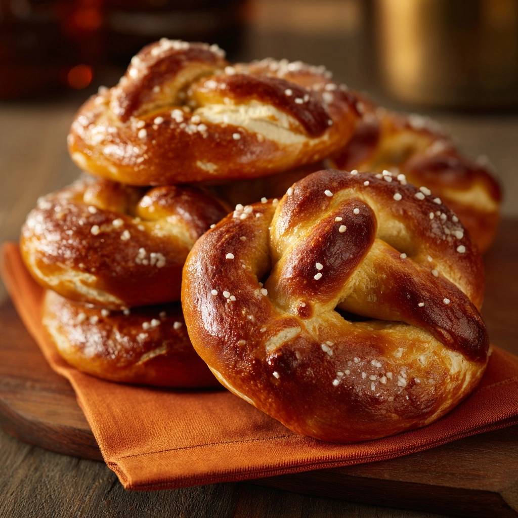 Knusprige Laugenbrezeln in Nahaufnahme mit grobem Salz bestreut, perfekt gebräunt und bereit zum Genuss. Die Laugenbrezeln liegen auf einem Holzbrett.