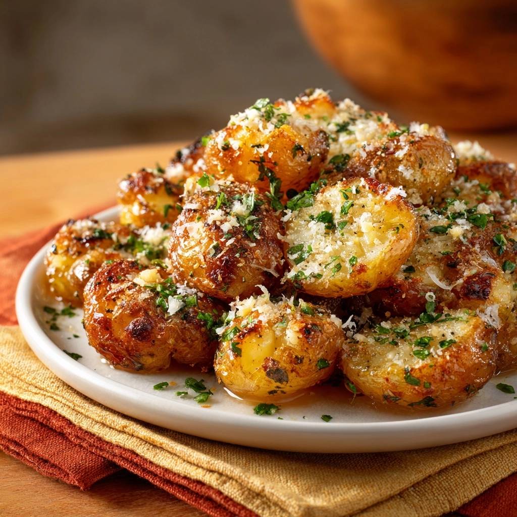 Knusprige Parmesan Babykartoffeln Serviert 1 Knusprige Parmesan-Babykartoffeln serviert auf einem weißen Teller, garniert mit frischer Petersilie und Parmesan. Ein köstliches vegetarisches Gericht.