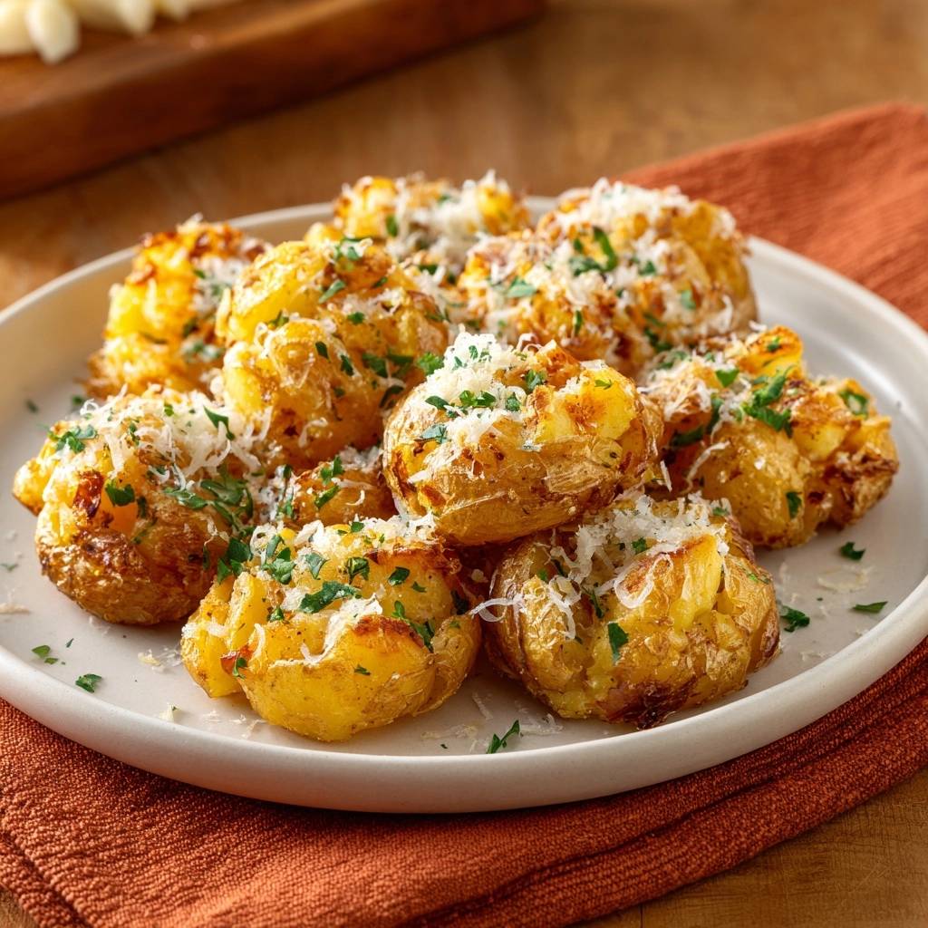 Knusprige Parmesan-Babykartoffeln, serviert auf einem weißen Teller, garniert mit frischer Petersilie und geriebenem Parmesan. Die goldbraunen Kartoffeln sind knusprig gebacken.