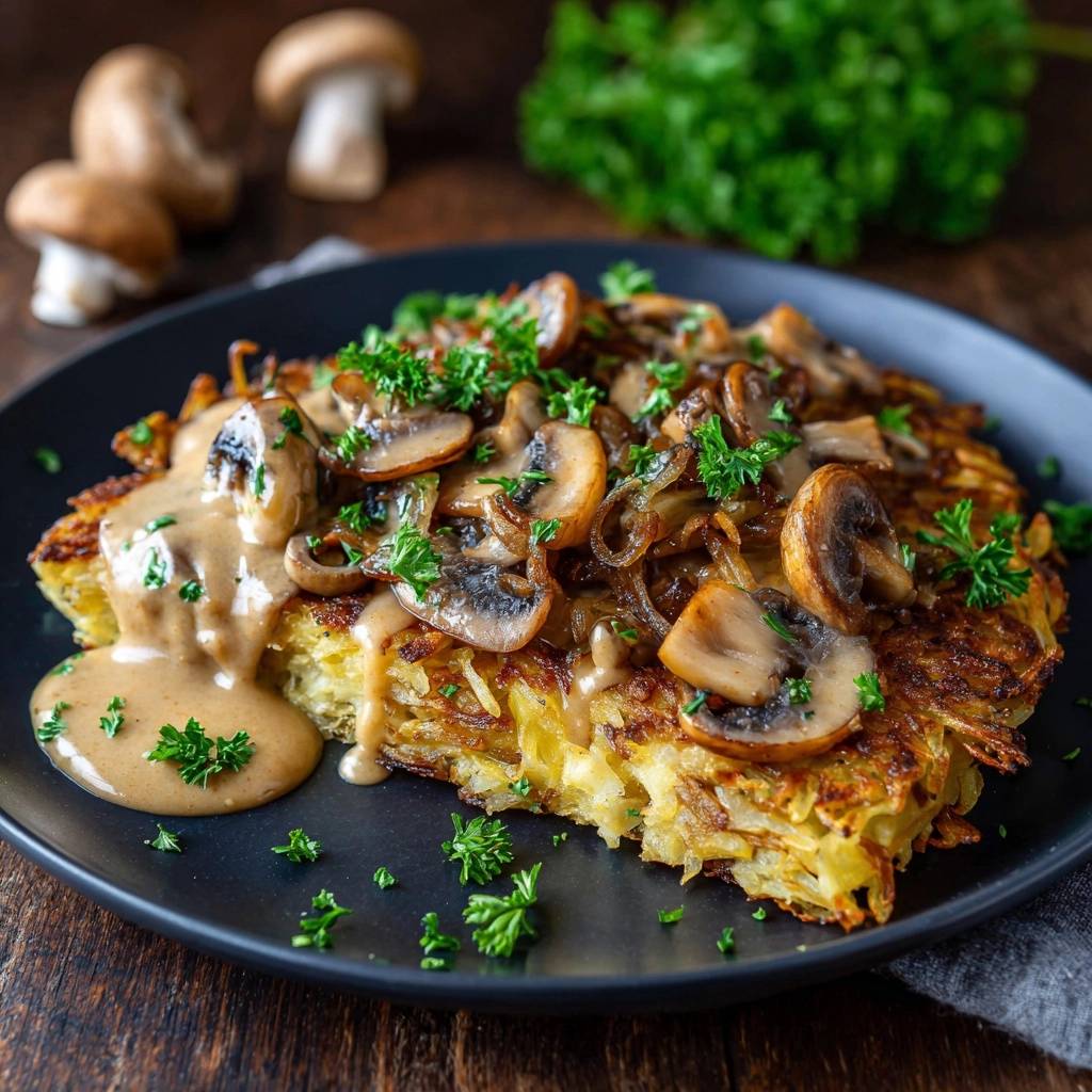 Knusprige Reibekuchen mit Pilzrahmsauce, angeschnitten, um die Textur und die cremige Sauce zu zeigen.