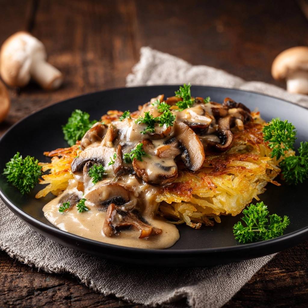 Knusprige Reibekuchen Mit Pilzrahmsauce Serviert 1 Knusprige Reibekuchen mit Pilzrahmsauce serviert auf einem schwarzen Teller, garniert mit frischer Petersilie und einer cremigen Soße.