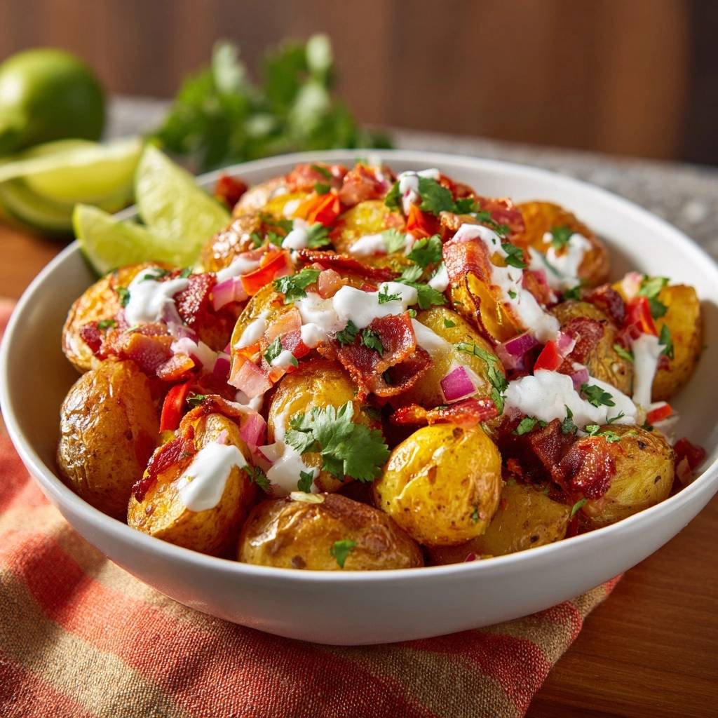 Knusprige Röstkartoffel-Bowl mit Bacon und Paprika von oben gesehen, serviert mit frischem Koriander, Speck und cremiger Sauce.