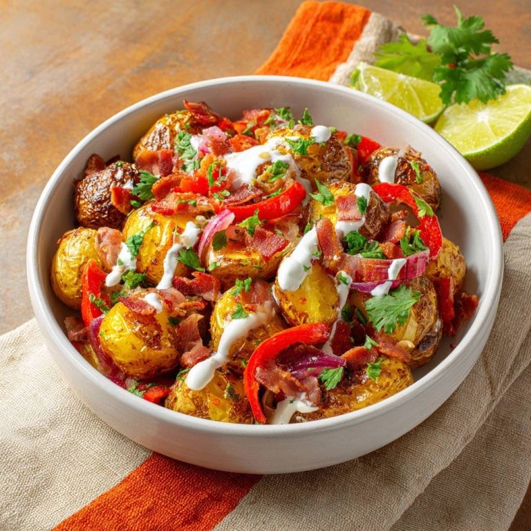 Knusprige Röstkartoffel-Bowl mit Bacon und Paprika, serviert in einer weißen Schüssel von oben, mit frischen Kräutern und Limettenspalten.