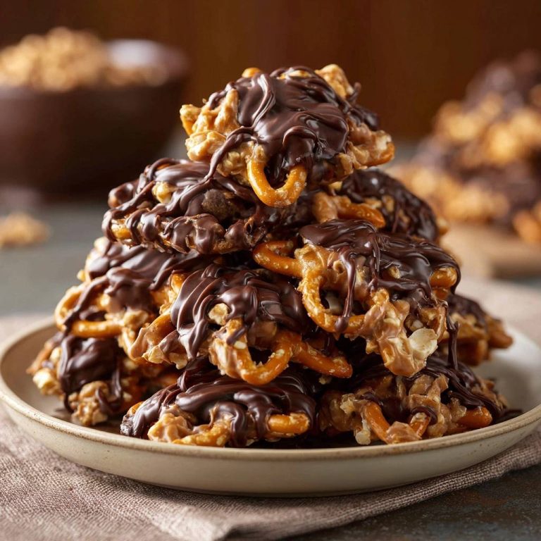 Knusprige Schoko-Brezel-Cluster mit Nüssen und Popcorn in Nahaufnahme, dekoriert mit geschmolzener Schokolade. Die Textur der Cluster wird deutlich sichtbar.