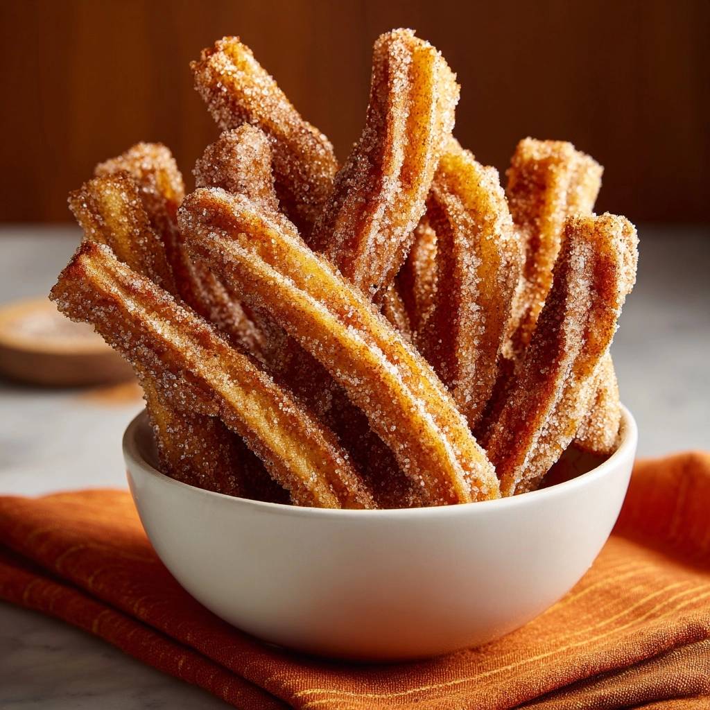 Knusprige Zimt-Churros, serviert in einer weißen Schüssel, zeigen die Textur des knusprigen, zimtbedeckten Gebäcks. Ein süßer Genuss!