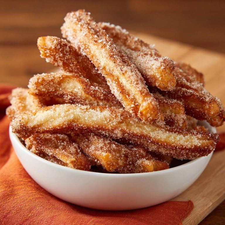 Knusprige Zimt-Churros, serviert in einer weißen Schüssel, sind mit Zimtzucker bestreut und verlockend angerichtet.