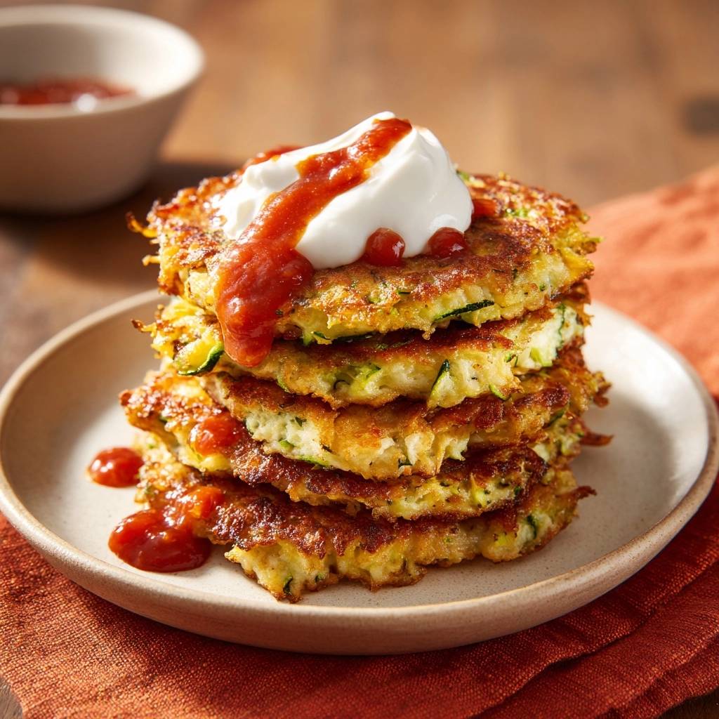 Knusprige Zucchini-Käse-Puffer, serviert auf einem Teller und mit einem Klecks Sauerrahm und Tomatensauce garniert. Diese herzhaften Pfannkuchen sind ein Genuss.