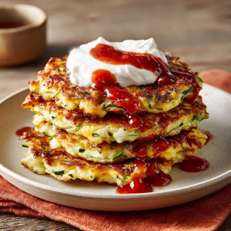 Knusprige Zucchini-Käse-Puffer, serviert auf einem Teller und mit einem Klecks frischer Creme und Chilisauce garniert.