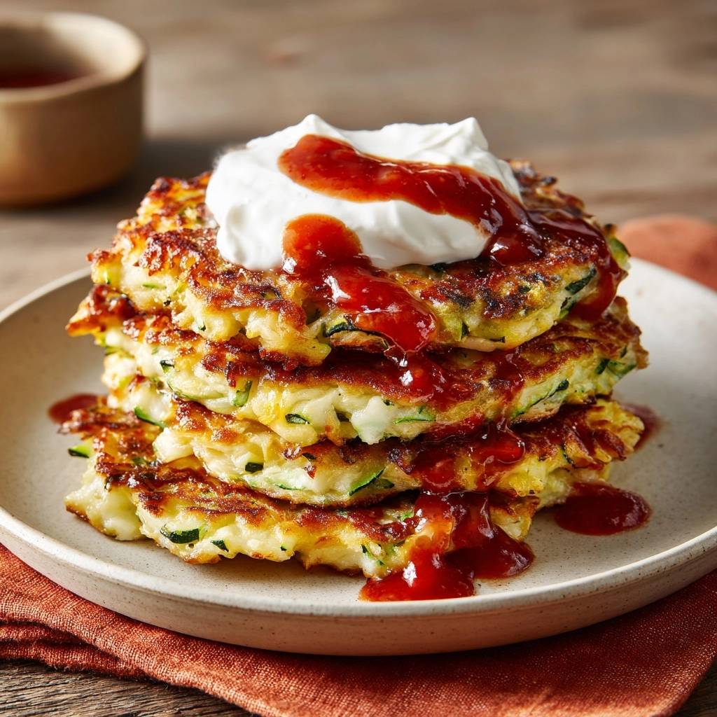 Knusprige Zucchini-Käse-Puffer, serviert auf einem Teller und mit einem Klecks frischer Creme und Chilisauce garniert.