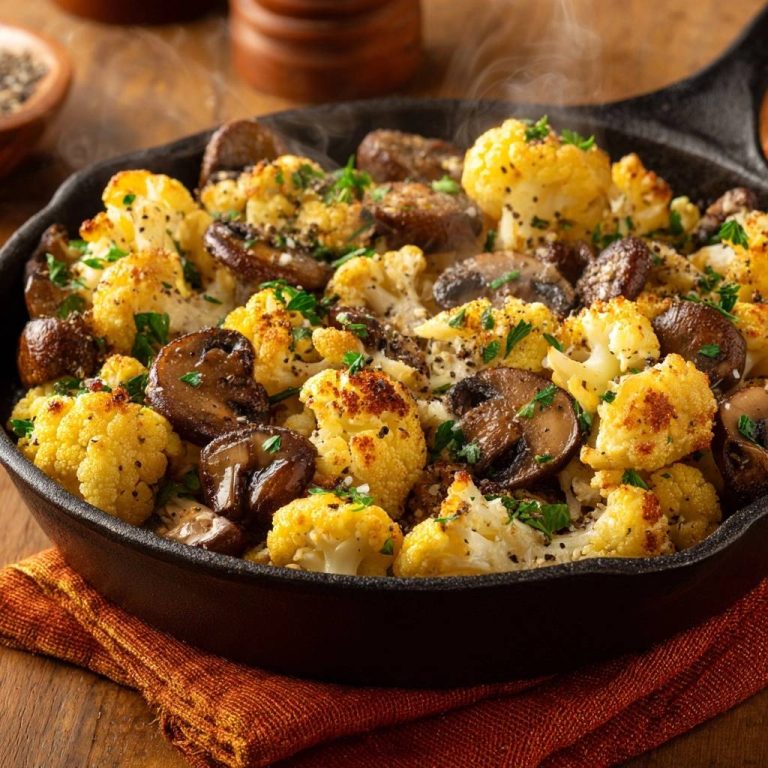 Knuspriger Blumenkohl mit Champignons in einer gusseisernen Pfanne, aus der Dampf aufsteigt, serviert und mit frischen Kräutern garniert.