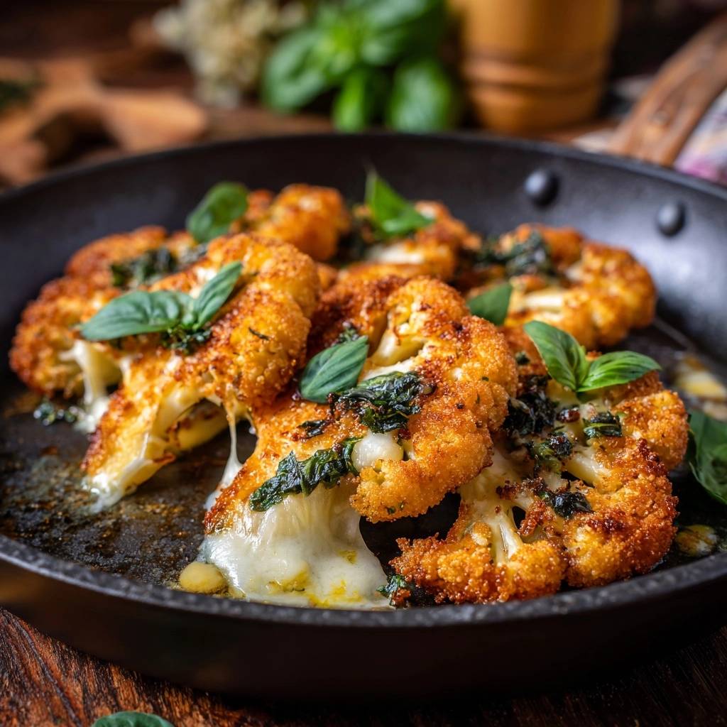 Knuspriger Blumenkohl mit Mozzarella in Nahaufnahme, garniert mit frischem Basilikum, der geschmolzene Käse quillt heraus.