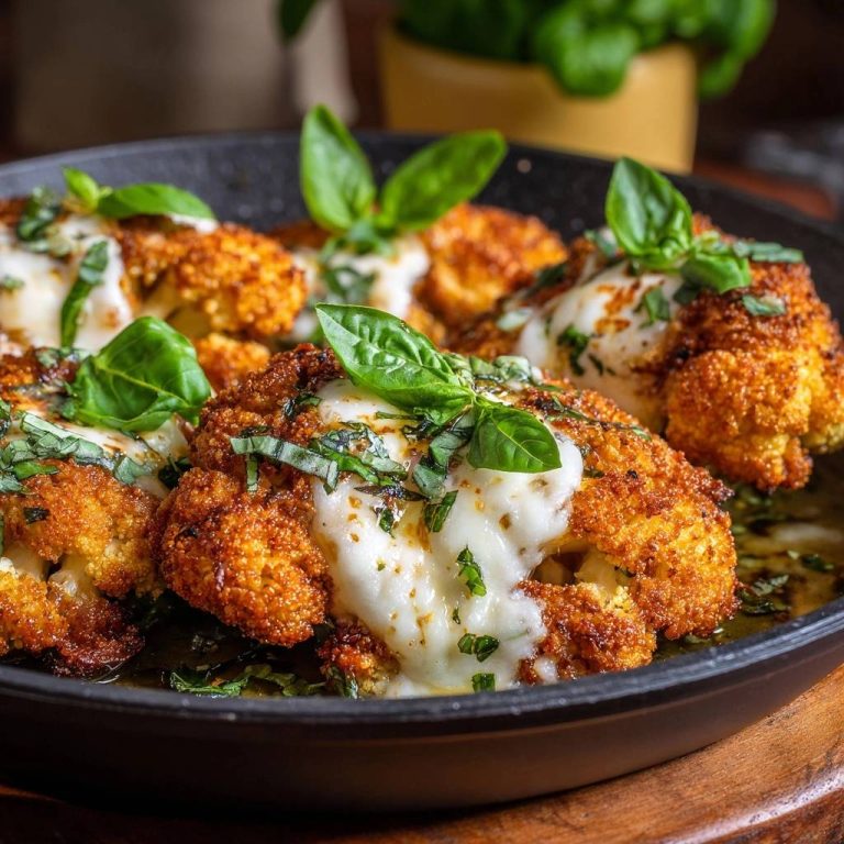 Knuspriger Blumenkohl mit Mozzarella und Basilikum, serviert in einer Pfanne, garniert mit frischem Basilikum und geschmolzenem Käse.