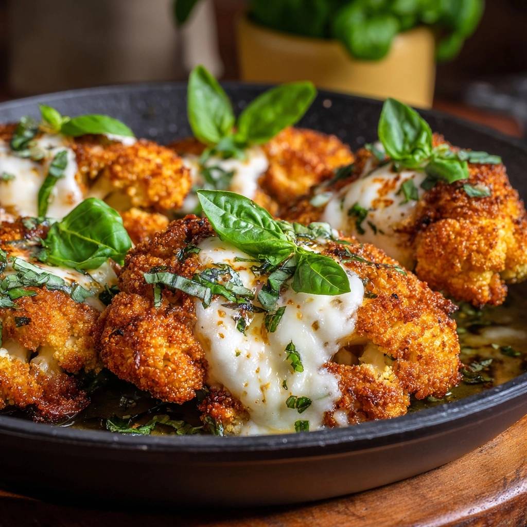 Knuspriger Blumenkohl mit Mozzarella und Basilikum, serviert in einer Pfanne, garniert mit frischem Basilikum und geschmolzenem Käse.