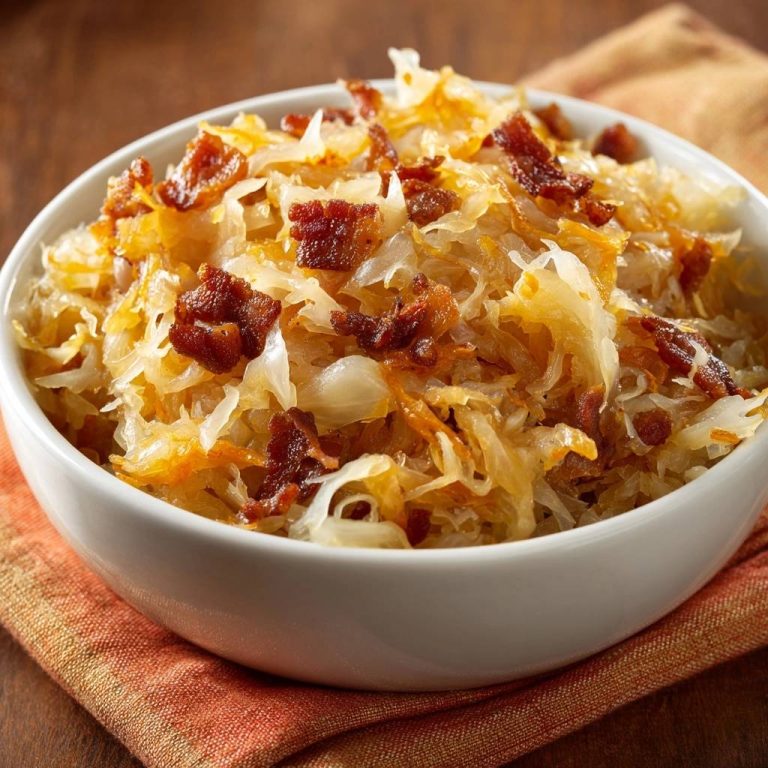Knuspriger Bratkohl mit Speck, serviert in einer weißen Schüssel von oben, mit knusprigem Speck belegt und frisch zubereitet.