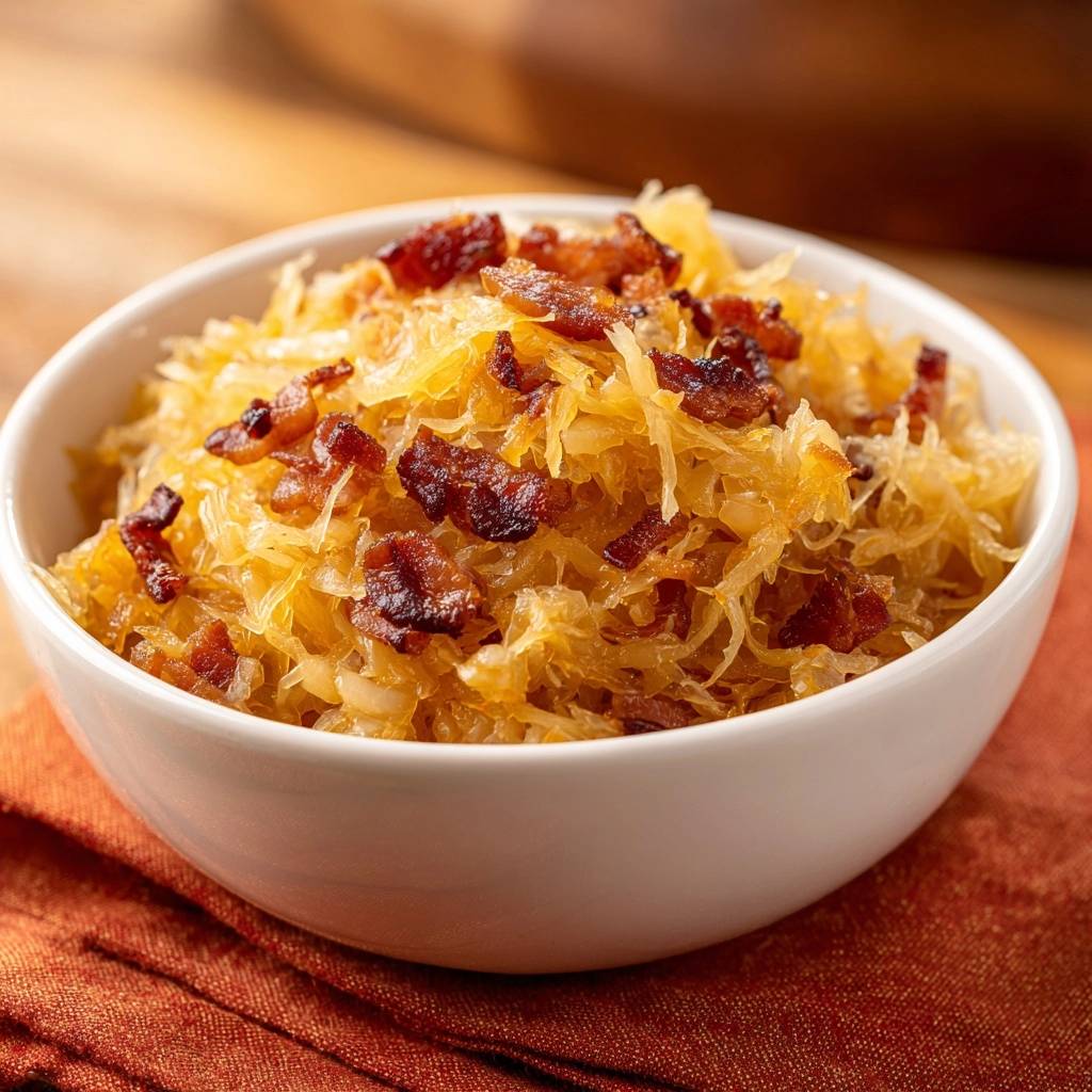 Knuspriger Bratkohl Mit Speck Serviert 1 Knuspriger Bratkohl mit Speck, serviert in einer weißen Schüssel, garniert mit knusprigem Speck. Ein herzhaftes und köstliches Gericht.