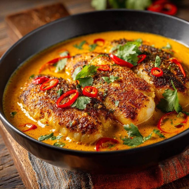 Knuspriger Fisch im Thai-Curry, serviert in einer tiefen schwarzen Schüssel, garniert mit frischen Chilis und Korianderblättern.