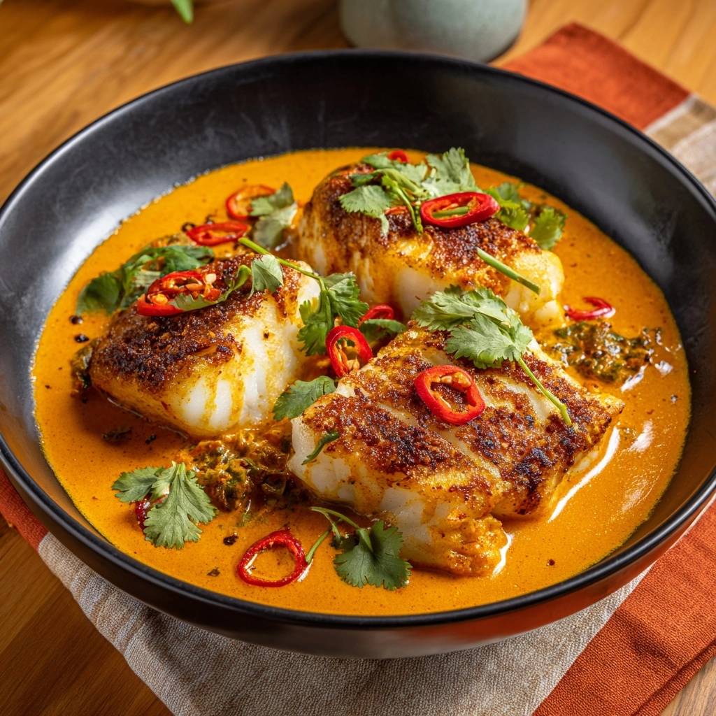 Knuspriger Fisch Thai Curry Serviert 1 Knuspriger Fisch im Thai-Curry serviert in einer tiefen schwarzen Schüssel, garniert mit frischem Koriander und roten Chiliringen.