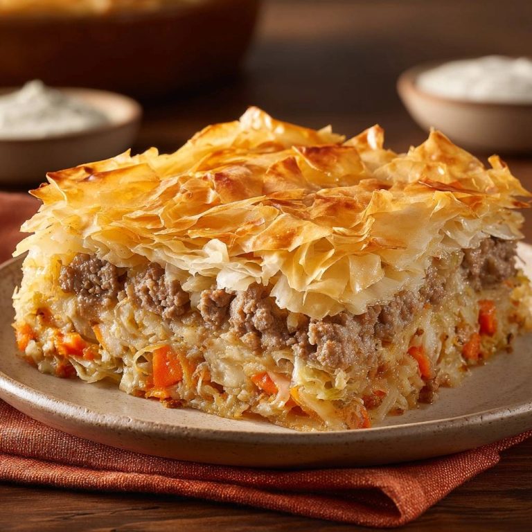 Knuspriger Hack-Kohl-Börek im Anschnitt: Diese Nahaufnahme zeigt die geschichteten Füllungen mit Hackfleisch und Gemüse, bedeckt von goldenem Filoteig.