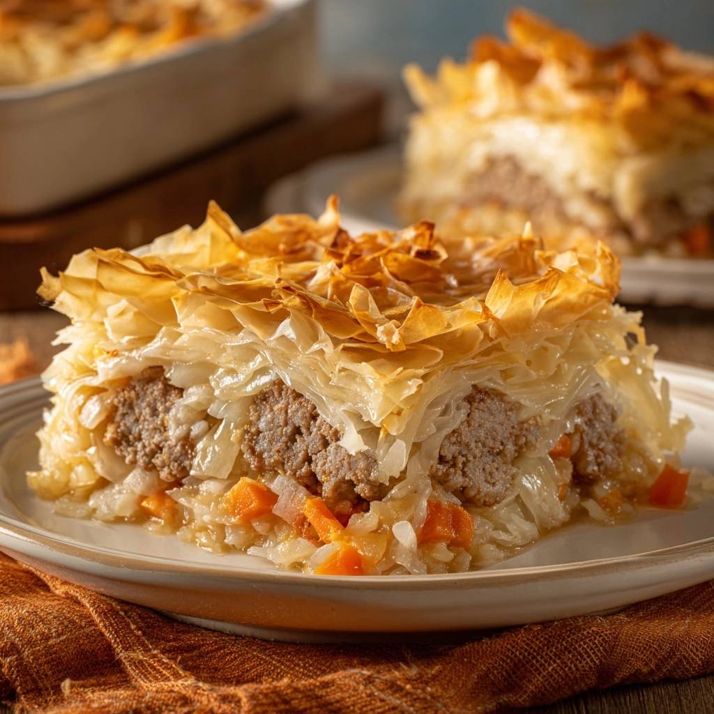 Knuspriger Hack-Kohl-Börek in einem Querschnitt serviert, der die geschichteten Füllungen und den knusprigen Filoteig zeigt.