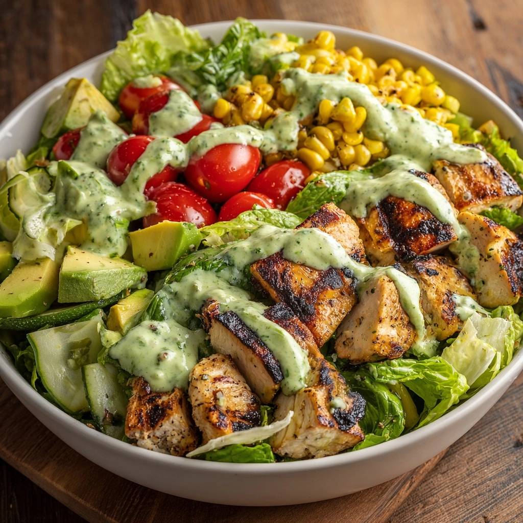 Knuspriger Hähnchen-Avocado-Salat-Bowl von oben: Ein üppiger Salat mit gegrilltem Hähnchen, Avocado, Mais und einer cremigen Sauce.