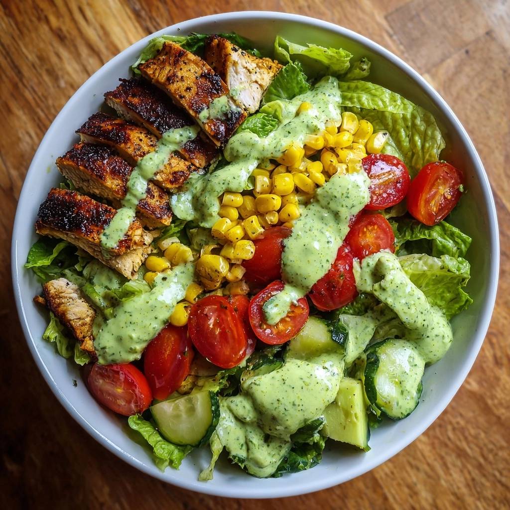 Knuspriger Hhnchen Avocado Salat Bowl Draufsicht 1 Knuspriger Hähnchen-Avocado-Salat-Bowl von oben betrachtet, mit gegrilltem Hähnchen, Avocado-Dressing und frischem Gemüse.