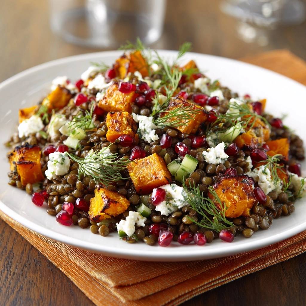 Knuspriger Kürbis-Linsen-Salat, serviert auf einem weißen Teller, von oben fotografiert, mit Granatapfelkernen und Dill garniert.