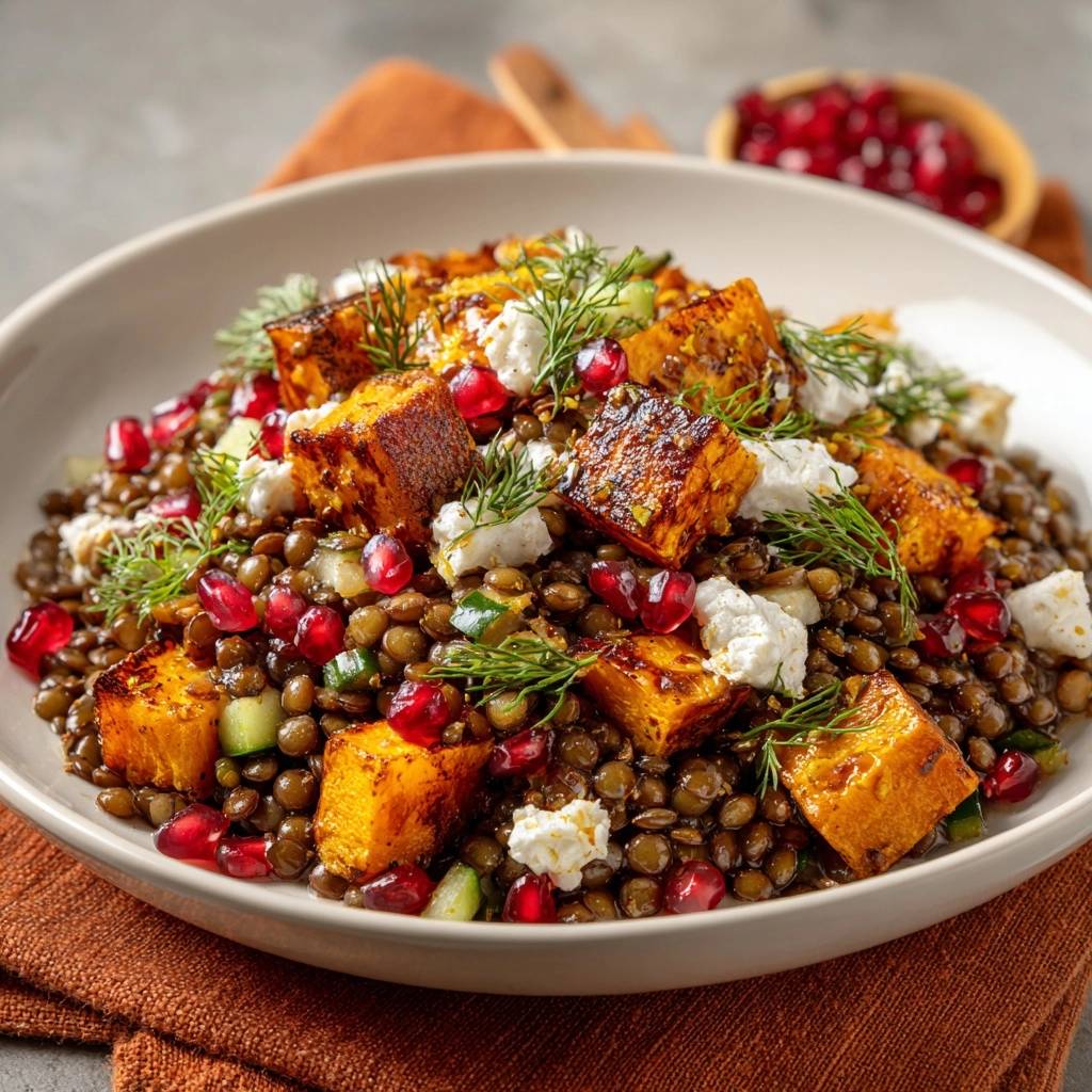 Knuspriger Kürbis-Linsen-Salat, serviert in einer Schüssel, mit knusprigen Kürbiswürfeln, Granatapfelkernen und frischer Dill-Garnitur.