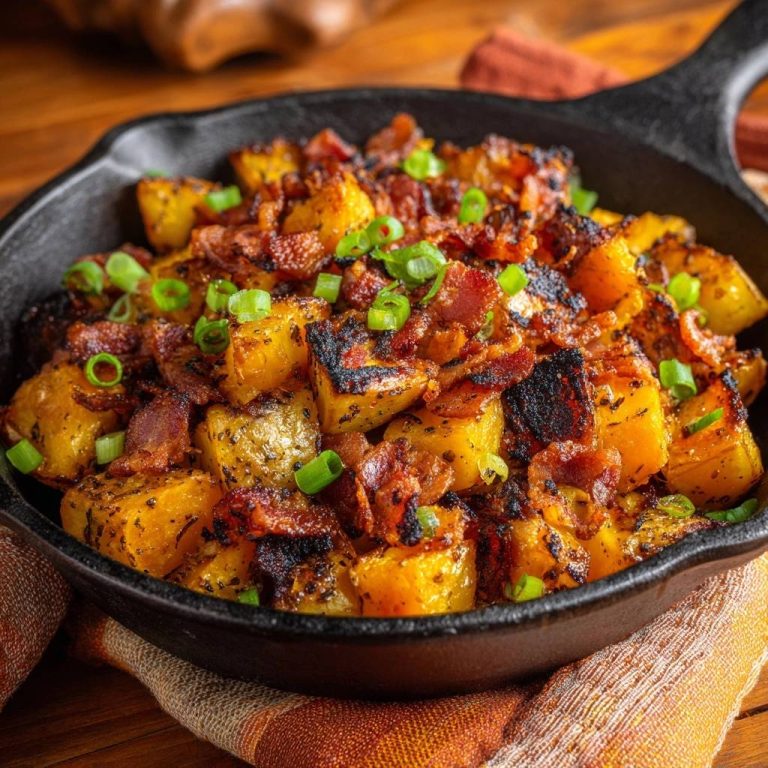 Knuspriger Kürbis mit Speck, aus der Draufsicht fotografiert, garniert mit frischen Frühlingszwiebeln, in einer gusseisernen Pfanne serviert.