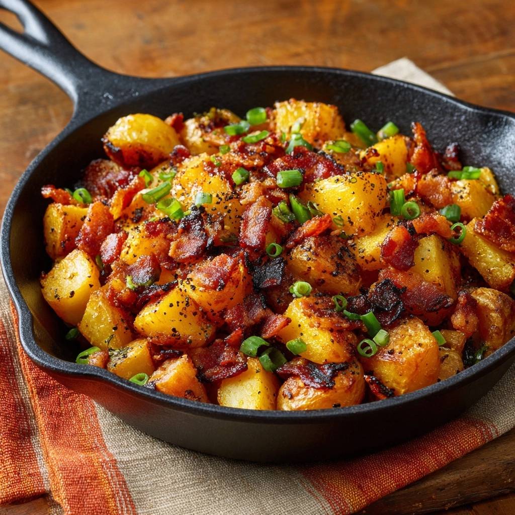 Knuspriger Kürbis mit Speck und Frühlingszwiebeln, serviert in einer gusseisernen Pfanne, garniert mit frischen Kräutern und Speck.