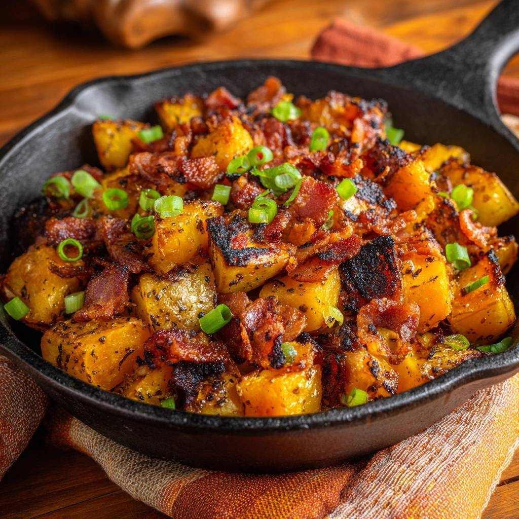 Knuspriger Kürbis mit Speck, aus der Draufsicht fotografiert, garniert mit frischen Frühlingszwiebeln, in einer gusseisernen Pfanne serviert.