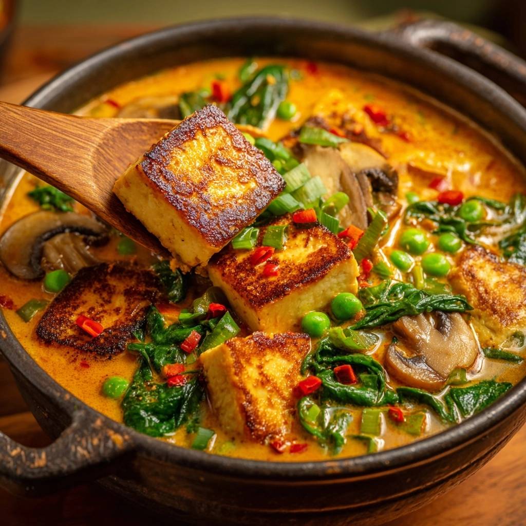 Knuspriger Tofu-Curry mit Spinat und Pilzen in einer Nahaufnahme, mit knusprigem Tofu, frischem Spinat und Pilzen.