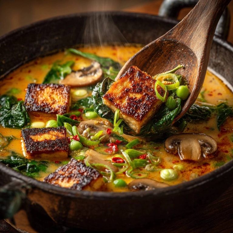 Knuspriger Tofu-Curry mit Spinat und Pilzen in Nahaufnahme, serviert mit einem Holzlöffel, der eine Portion des Gerichts zeigt.