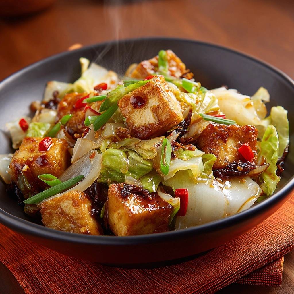 Knuspriger Tofu-Wok mit Lauch, Chili & Pak Choi in Nahaufnahme, dampfend serviert in einer schwarzen Schüssel, garniert mit frischem Schnittlauch.