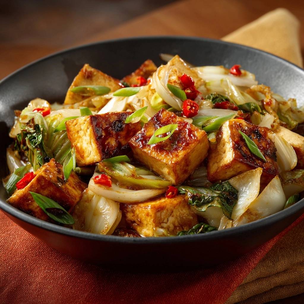 Knuspriger Tofu-Wok mit Lauch, Chili & Pak Choi in einer Nahaufnahme, serviert in einer schwarzen Schüssel mit frischen Frühlingszwiebeln.
