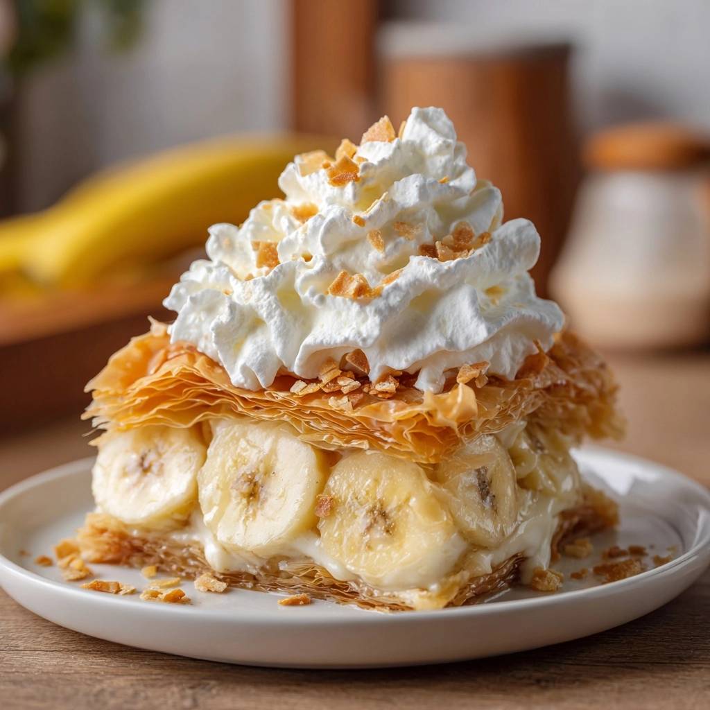 Knuspriges Bananen-Mille-Feuille serviert auf einem weißen Teller, mit frischer Sahne und knusprigen Stückchen garniert.
