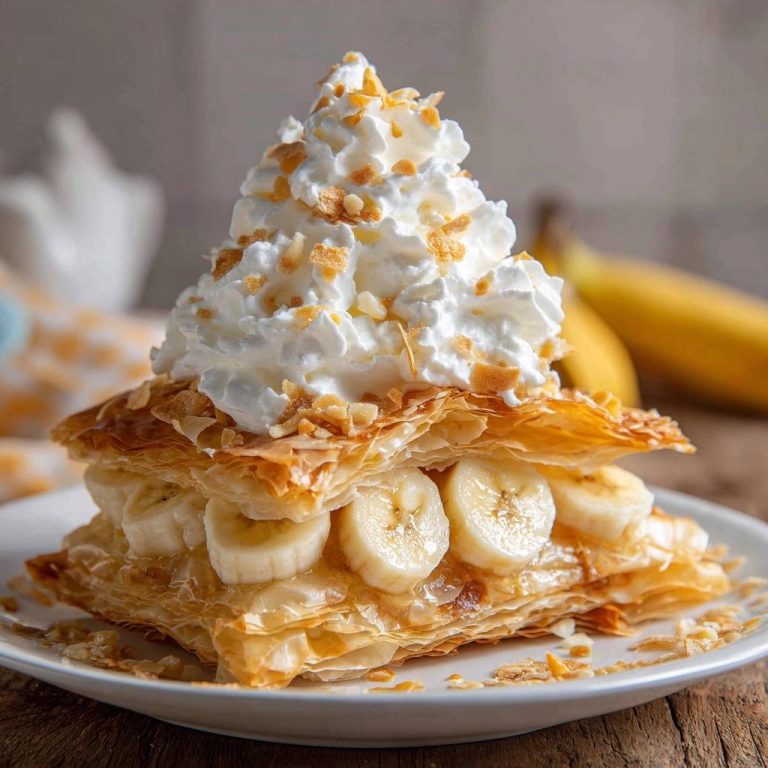Knuspriges Bananen-Mille-Feuille serviert auf einem weißen Teller, gekrönt mit Sahne und knusprigen Stückchen. Ein verführerisches Dessert.