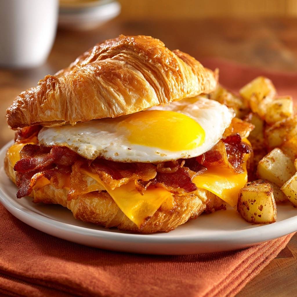 Knuspriges Croissant-Sandwich mit Speck, Ei und Käse serviert auf einem weißen Teller, daneben goldbraune Bratkartoffeln angerichtet.