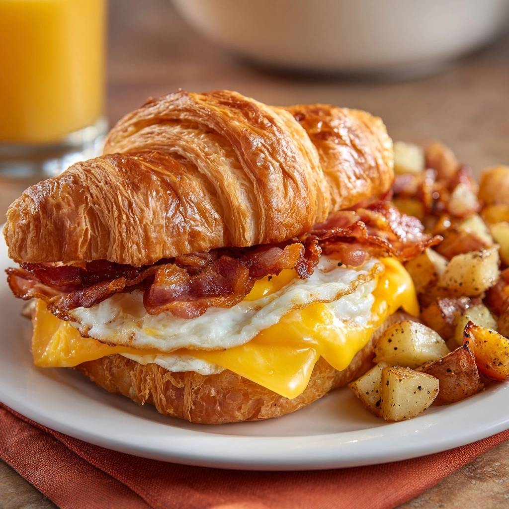 Knuspriges Croissant-Sandwich mit Speck, Ei und Käse serviert auf einem Teller, daneben Bratkartoffeln und ein Glas Orangensaft.
