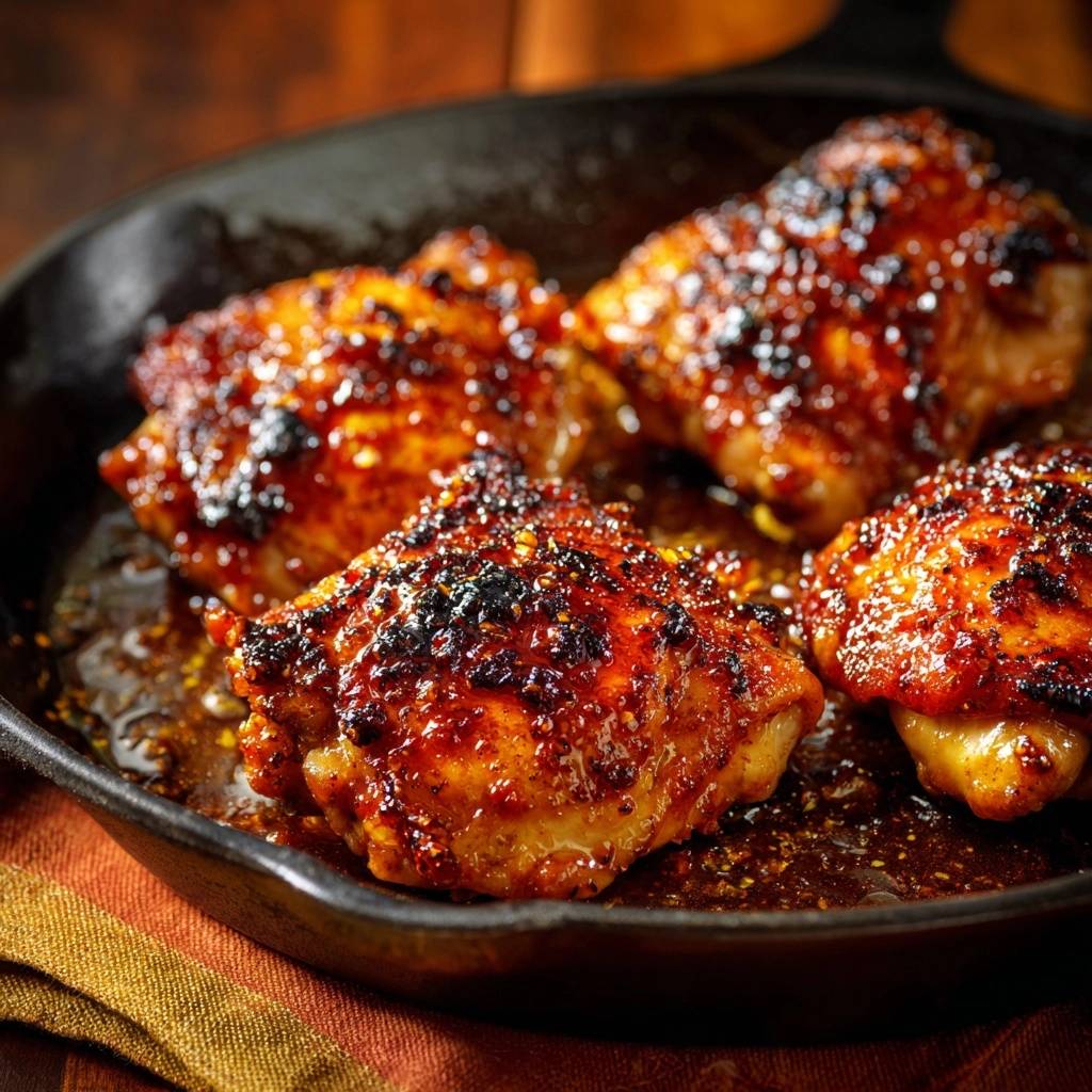 Knuspriges Glasur-Hähnchen aus der Gusseisenpfanne in Nahaufnahme, zeigt die knusprige, glänzende Kruste und die saftigen Hähnchenstücke.