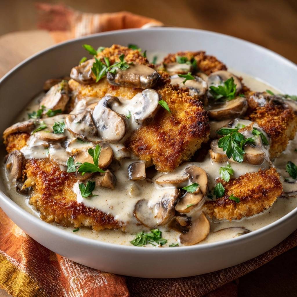 Knuspriges Hahnchenschnitzel Mit Champignon Rahmsauce Nahauf 1 Knuspriges Hähnchenschnitzel mit Champignon-Rahmsauce in einer Schüssel serviert, mit cremiger Sauce und frischen Champignons nah aufgenommen.