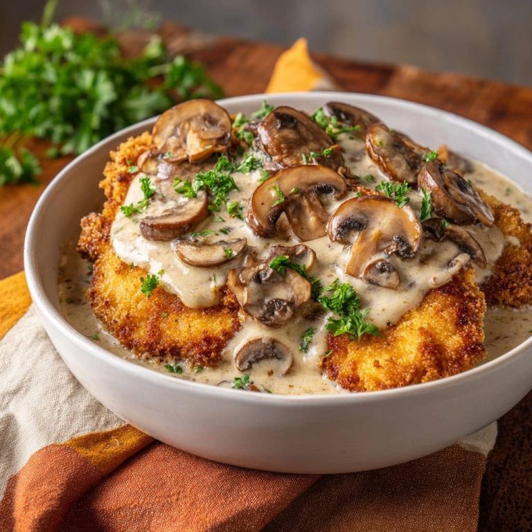 Knuspriges Hähnchenschnitzel mit Champignon-Rahmsauce, serviert in einer Schüssel, mit frischen Champignons und Petersilie garniert, von oben betrachtet.