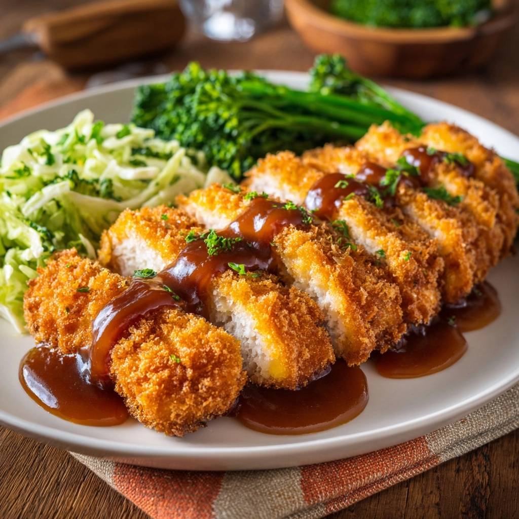 Knuspriges Hähnchen Katsu, serviert auf einem Teller, zeigt einen verlockenden Querschnitt mit goldbrauner Panade und leckerer Soße.