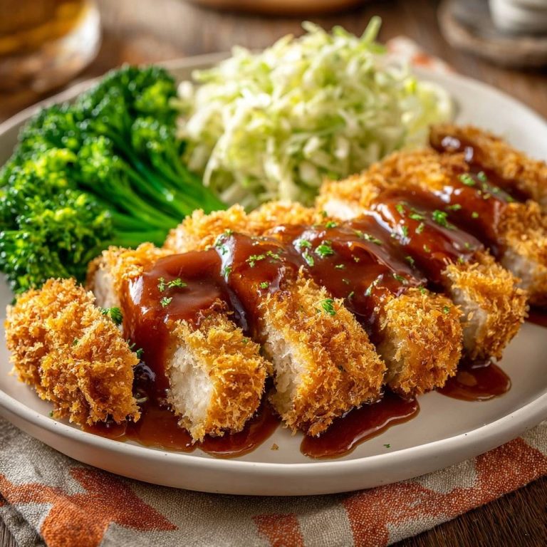 Knuspriges Hähnchen Katsu, serviert mit Sauce, frisch geschnitten und mit Brokkoli und Kohl auf einem Teller angerichtet.