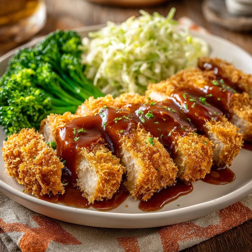 Knuspriges Hähnchen Katsu, serviert mit Sauce, frisch geschnitten und mit Brokkoli und Kohl auf einem Teller angerichtet.